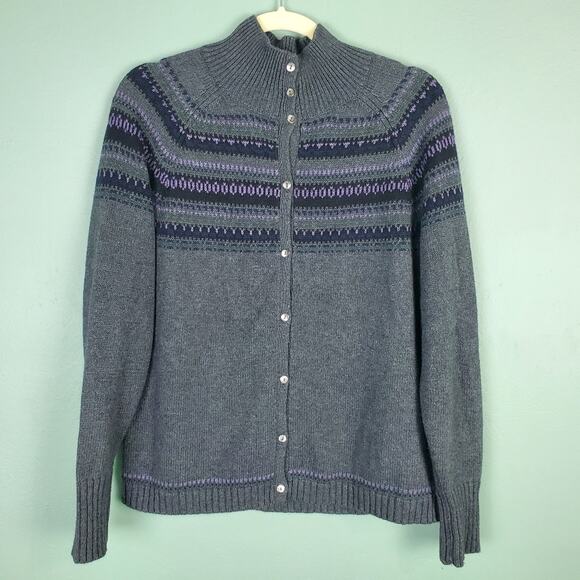 Eddie Bauer Collection Fair Isle Gray Purple Button Down Long Sleeve Sweater PL - Picture 1 of 7